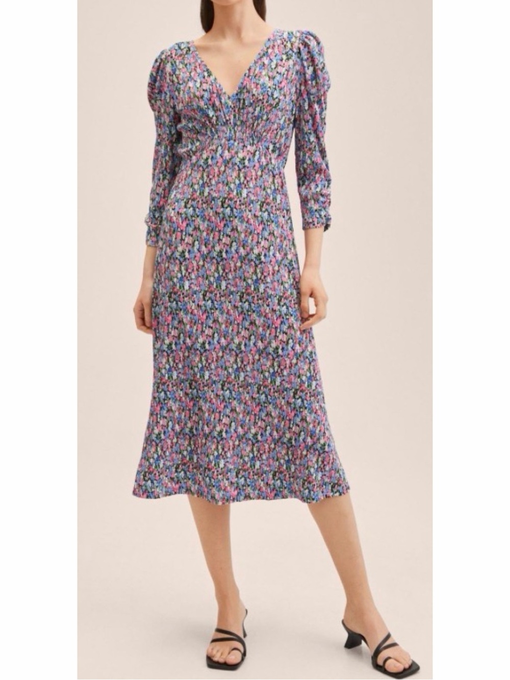 MNG Mango Pomelo Floral V-Neck Midi Dress Pink